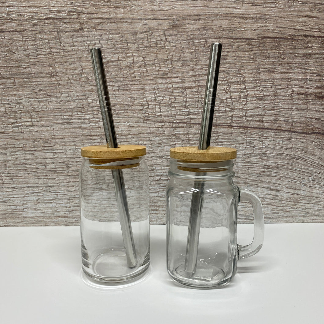 Set de 6 vasos con tapa de bambú y pajita de vidrio de 16 oz en forma de  lata